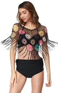 4711Women Hollow Tassel Floral Bead Bikini Cover Up